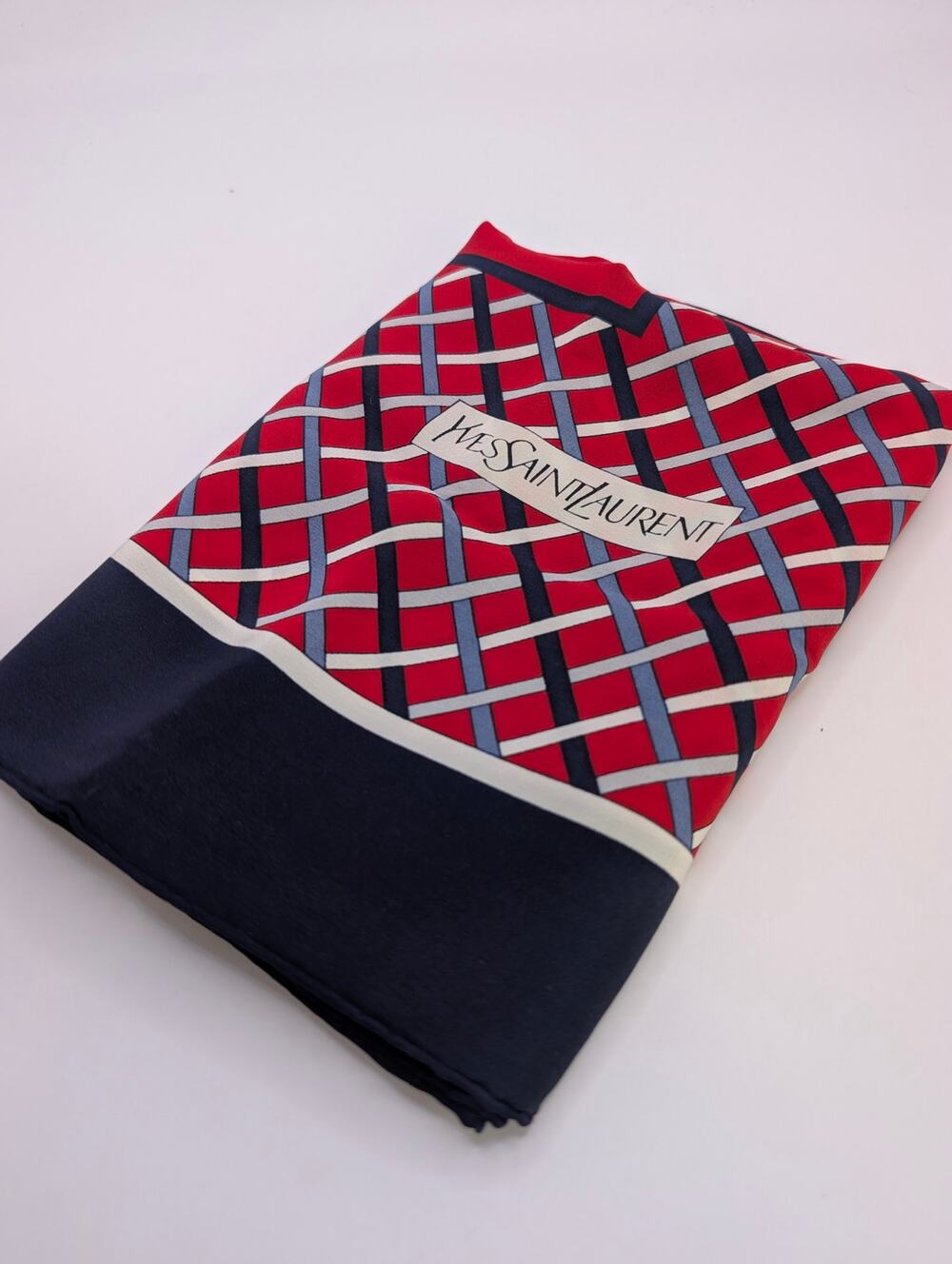 Yves Saint Laurent Silk Scarf Red Navy Lattice Trellis Print 31.5"
